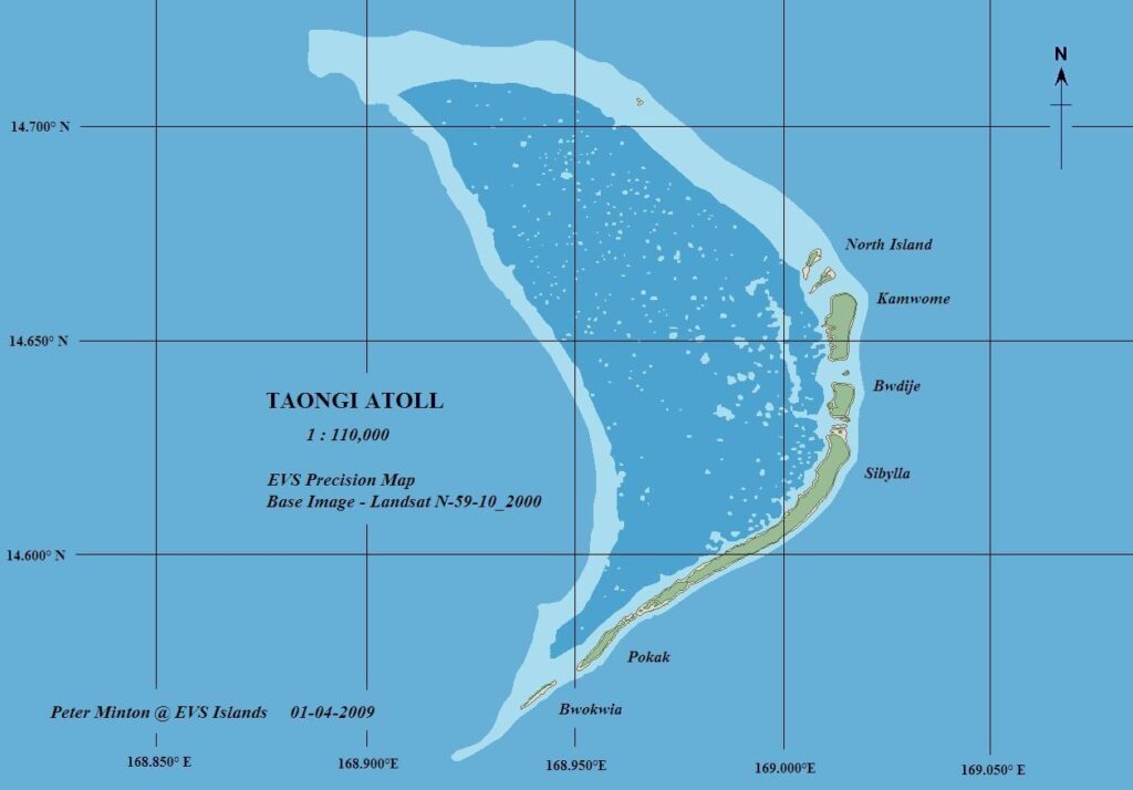 A geographic diagram of the Taongi Atoll, where the Sarah Joe and its crew were found in 1988.